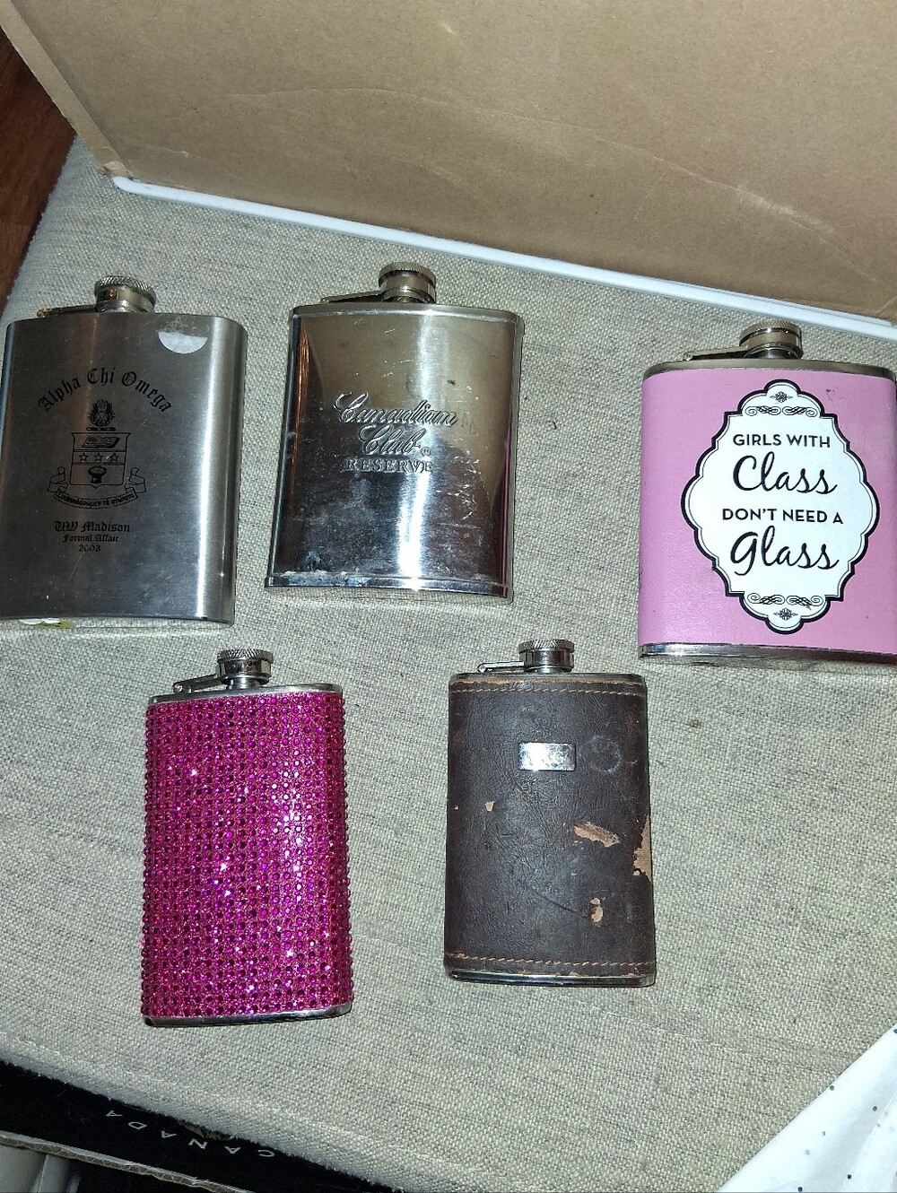 Set of 5 Decorative Hip Flasks - Pink Rhinestone & Novelty Pink
